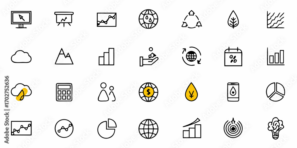 Business and Finance Icons Set, Perfect for Presentations and Websites, Featuring Charts, Graphs, and Global Finance, Ideal for Finance and Business Projects