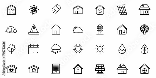 Eco-Friendly Living Icons for Sustainable Future Homes and Green Energy, Perfect for Environmental Awareness Campaigns and Clean Energy Promotion, Originally Vector