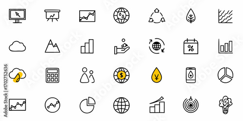 Business and Finance Icons Set, Perfect for Presentations and Websites, Featuring Charts, Graphs, and Global Finance, Ideal for Finance and Business Projects