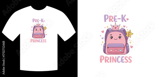 Pre-K Princess Tee Design: A charming illustration of a pre-k princess backpack adorning a stylish t-shirt, creating an engaging design suitable for youthful individuals.