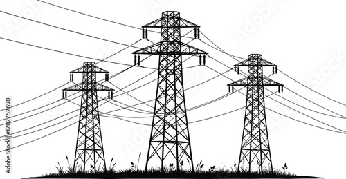 Steel lattice transmission towers, overhead power lines, electrical infrastructure, large power pylons, grassy terrain, high voltage lines, black and white drawing