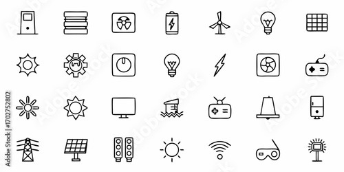 Modern Hand-Drawn Icons for Sustainable Energy and Technology Projects, Renewable Energy Symbols for Clean Technology Development and Innovation, Vector Style
