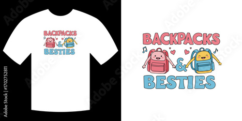 Backpacks and Besties: A whimsical design showcasing a cute graphic of two backpacks, playfully united, against a backdrop of a plain canvas t-shirt