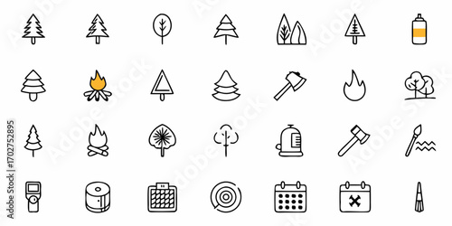 Whimsical Camping Icons for Adventure Seekers: Hand-Drawn Style Elements Featuring Trees, Campfires, and Nature Motifs for Outdoor Designs, originally vector