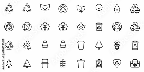 Eco-Friendly Living Icons Featuring Recycle Symbols, Plants, Trees, and Flowers for Sustainable Lifestyle Designs and Branding, Originally a Scalable Vector Graphic