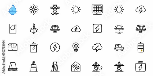 Sustainable energy icons showcase a commitment to green living and renewable resources, highlighting wind, solar, and water power for eco-friendly solutions