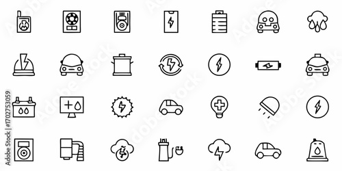 Modern line art icons showcase clean energy, electric vehicles, and eco-friendly technologies, ideal for sustainable lifestyle and renewable energy projects
