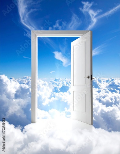 Open door to a bright sky above fluffy clouds