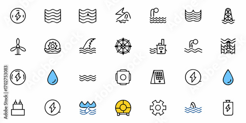Discover a vibrant collection of water energy icons showcasing renewable power and ocean resources, perfect for illustrating sustainable solutions and environmental themes