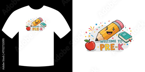 Pre-K T-shirt Design: Vibrant design with a smiling pencil and apple, welcomes young learners to Pre-K with a sense of fun and excitement.