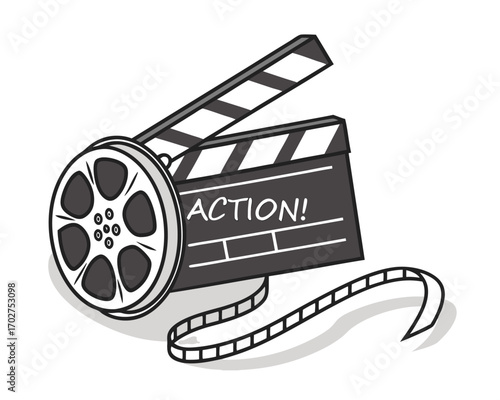 Classic film industry illustration with clapperboard and film reel for movie making and cinematic productions