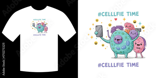 Cell Selfie Time: a whimsical cartoon illustration of cells taking a selfie, a creative concept, ideal for educational or artistic use. 