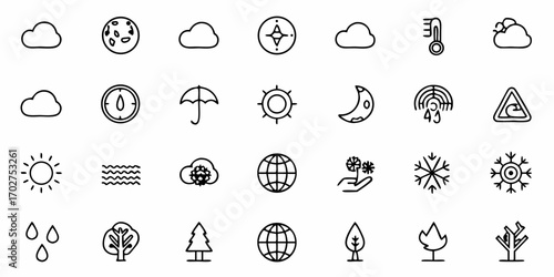 Diverse weather forecast icons collection, showcasing sun, clouds, rain, snow, wind, and nature elements for meteorology and environmental concepts