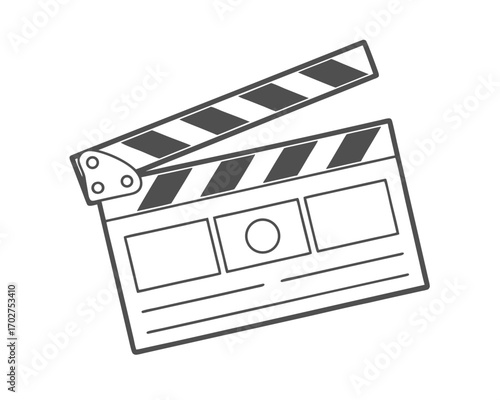 Simple vector illustration of an open clapperboard for film and television production on white background depicting movie making equipment