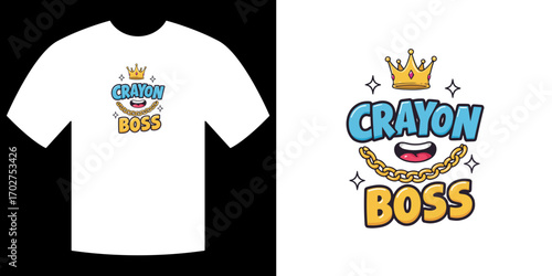 Crayon Boss T-shirt Design: This vibrant t-shirt design captures the essence of fun and creativity, featuring a playful Crayon Boss graphic on a classic tee.