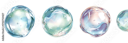 Four translucent, spherical orbs, exhibiting variations in color and texture, suggesting different stages or properties