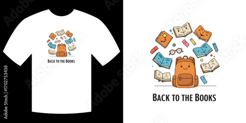 Back to Books Design: A whimsical illustration design featuring a backpack surrounded by floating books, glasses, and pencils, set against a shirt.