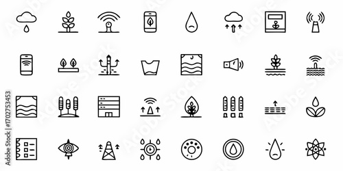 Modern Black Line Icons Depicting Environmental Science and Sustainability, Perfect for Infographics and Web Design, Originally Created as a Scalable Vector Graphic