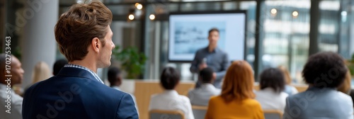 Business seminar with diverse audience listening to speaker in modern office setting