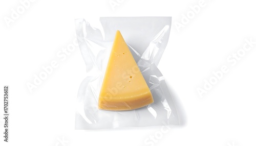 Triangle cheese slice in clear plastic wrap
