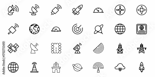 Connectivity Icons for Global Communication Networks and Technology Ventures, Featuring Satellites, Rockets and Radar Systems for Modern Digital Infrastructure