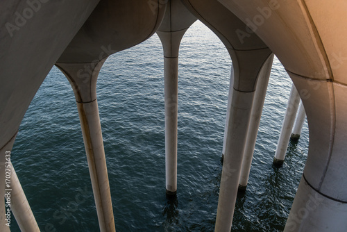 Pillars supporting the Little Island on Manhattan, New York City, at sunset	