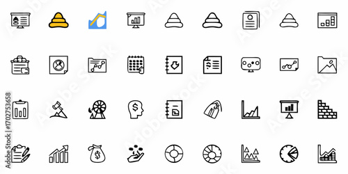 Diverse business finance and data analysis icons for professional presentations, reports, and digital content creation, illustrating growth and strategy
