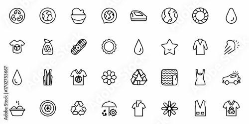 Diverse eco-friendly and sustainability icons featuring recycling symbols, natural elements, and lifestyle choices for conscious living and environmental awareness