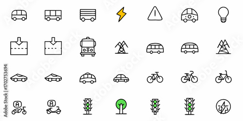 Dynamic collection of transport and traffic icons capturing urban mobility and energy concepts for modern design projects
