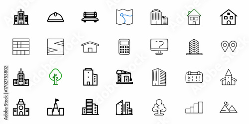 Modern city skyline icons featuring diverse buildings, parks, and construction elements, ideal for urban planning and development concepts.
