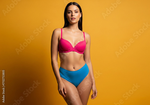 Femme sensuelle et élégante en lingerie sur fond uni studio et couleur pop