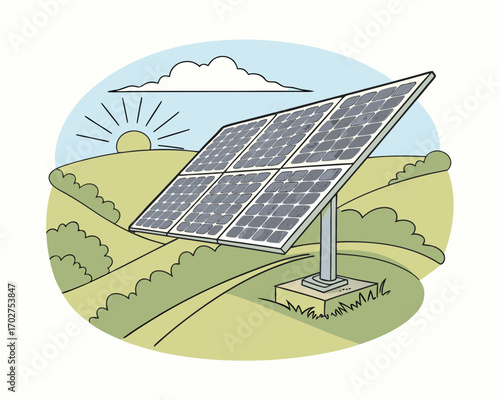 Solar Panel System on a Green Field with a Cloudy Sky Clean Energy and Sustainability Illustration