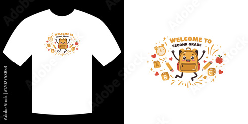 School T-shirt Design: A cheerful school bag character, embodies the spirit of education, perfect for designs to welcome students to school.
