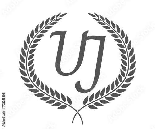 Initial letter U and J, UJ monogram logo design with laurel wreath. Luxury calligraphy font.