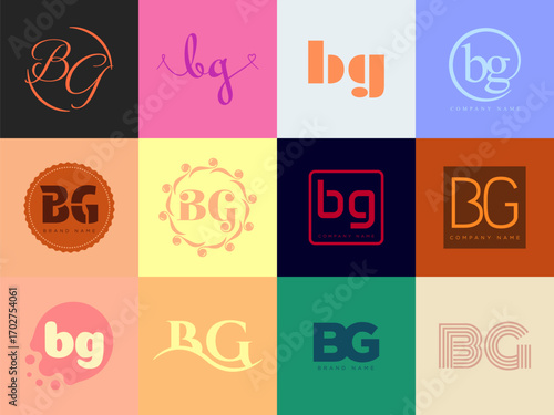 BG logo company template. Letter b and g logotype. Set different classic serif lettering and modern bold text with design elements. Initial font typography.