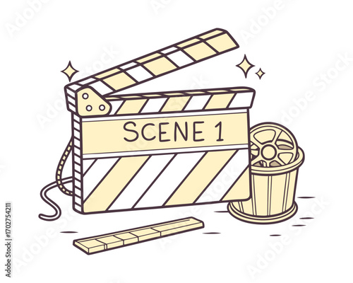 Charming Illustration of a Clapperboard and Film Reel Representing Film Production and Cinematic Storytelling Scene One