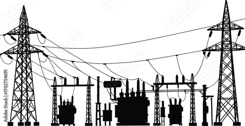 Power substation silhouette, electrical transformers, transmission towers, high voltage lines, electrical infrastructure, power grid, utility poles, overhead wires, electricity distribution