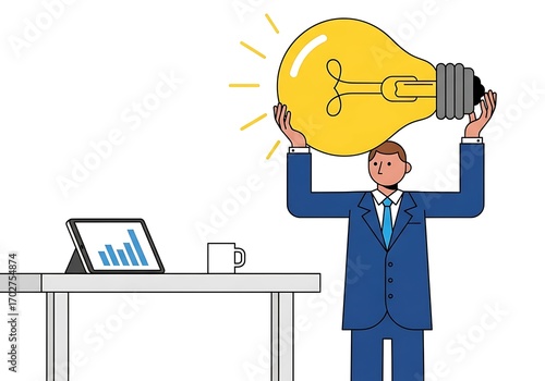 Businessman holding large glowing light bulb idea symbol above his head symbolizing innovation and success