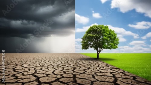 Lone tree thrives between stark drought and lush green fields under stormy skies