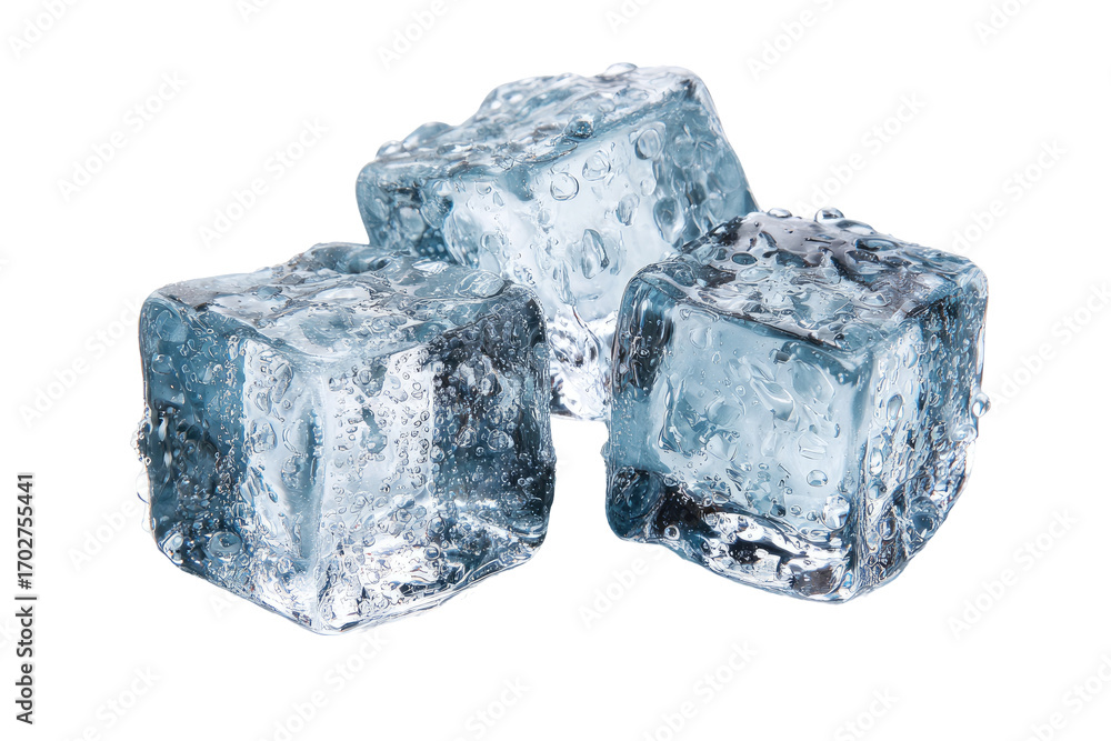 Obraz premium Close-up of three ice cubes, slightly overlapping. Clear, frosty, and slightly wet surfaces. Distinct cube shapes