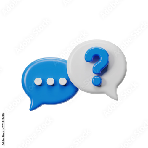 Two speech bubbles, one with three dots and the other with a question mark, isolated on transparent background