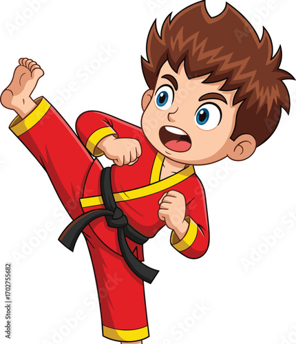 Cartoon illustration of young boy practicing martial arts in red uniform with black belt, karate kick action pose, fighting sport training vector design