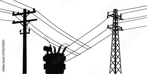 Power lines silhouette, electric poles, transformer silhouette, overhead electrical wires, utility pole vector, electricity distribution system art