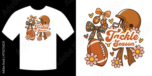 Tackle Season Graphics: A retro illustration design featuring a football, helmet and flowers on a tshirt, embodying the spirit of the game.