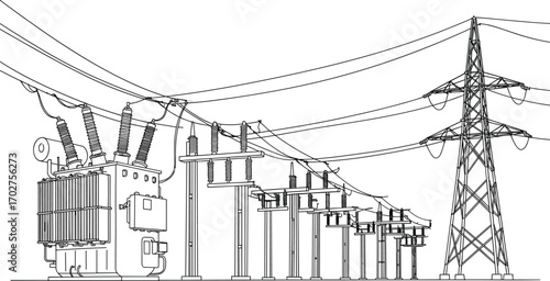 Electric power substation, transformer and transmission tower, high voltage equipment, energy infrastructure line art, utility station illustration.