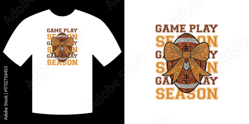 Gridiron gift tee design: A captivating graphic design adorns a pristine tee, showcasing a football embellished with a festive bow, elegantly intertwined with the words Game Play Season.