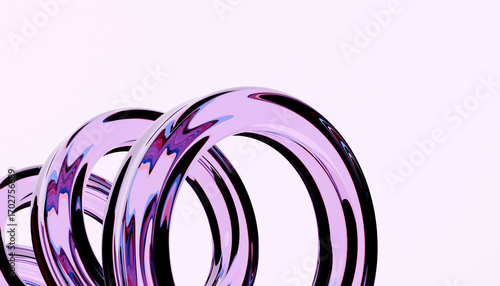 Three glossy, reflective purple rings stand against soft pink background, creating modern and abstract visual