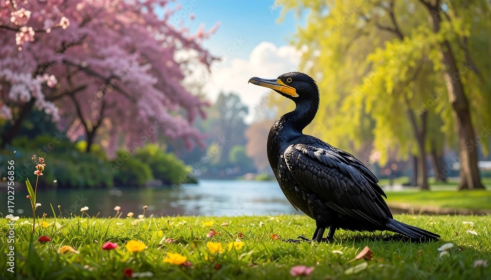 Obraz premium Cormorant Bird basking on the lawn enjoying the spring landscape scenery