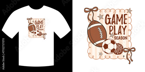 Game Day Graphic Design: A visually striking design showcases the spirit of the season with elements that create excitement of game day, the t-shirt graphic celebrates play. 