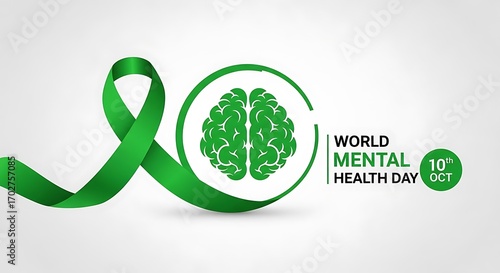 World mental health day october 10, featuring a green ribbon and brain symbol, raising awareness for mental wellbeing